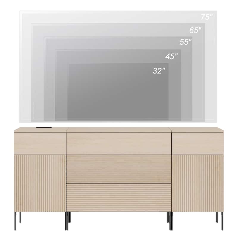 63" Wooden Reeded Sideboard With Built-In Charging Station, 3-In-1 Modern Credenza
