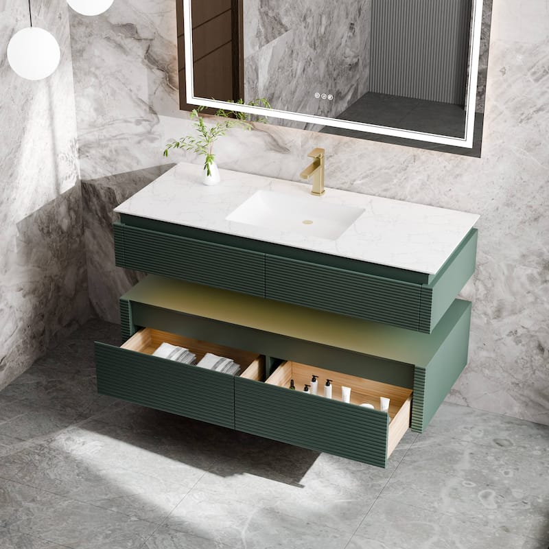 Modland 48" Modern Wall-Mounted Single Sink Bathroom Vanity with Engineered Stone Countertop,Soft-Close Drawers