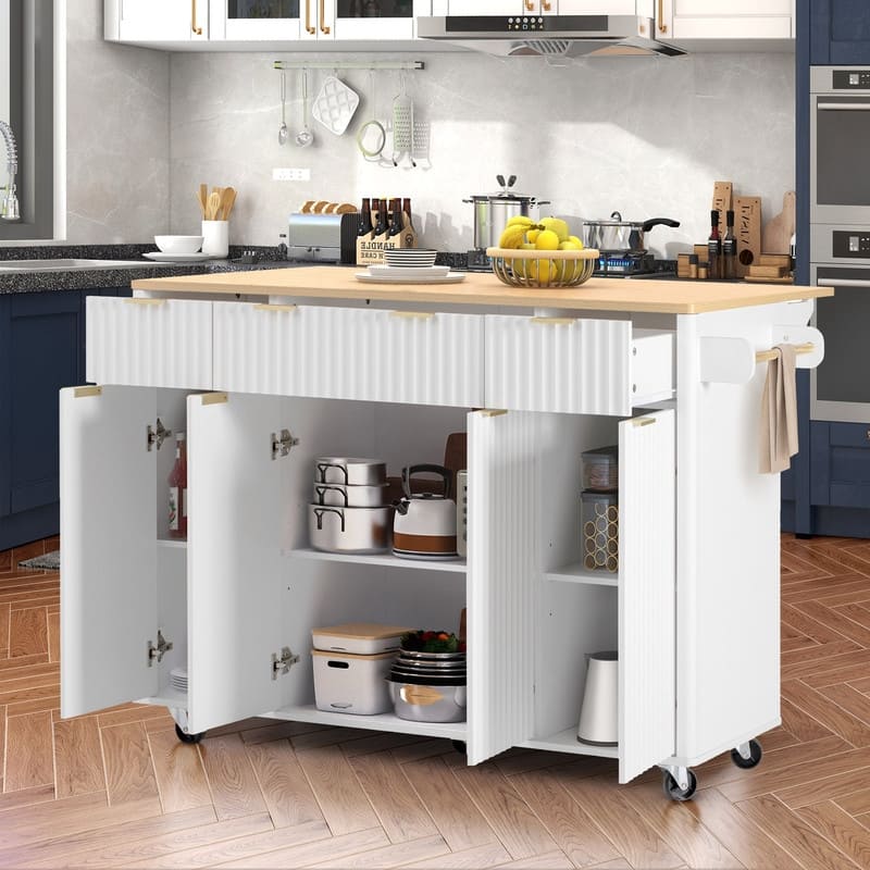 Fluted 55.5" Kitchen Island with Drop Leaf, Rolling Island Table with Drawers, Power Outlet for Functional Kitchen Organization