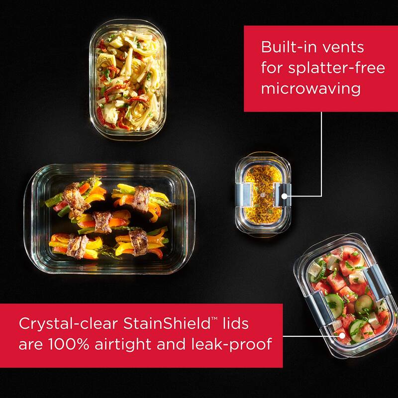 Brilliance Glass Storage 8-Cup Food Containers with Lids, 2-Pack (4 Pieces Total), BPA Free and Leak Proof, Large