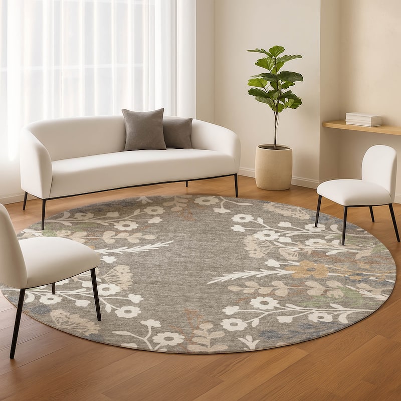 Machine Washable Indoor/ Outdoor Floral Border Chantille Rug