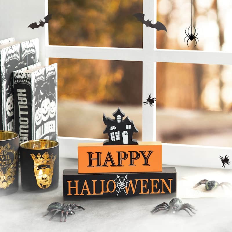 Glitzhome 9.5"L Happy Halloween Wooden Haunted House Block Sign - Block Sign