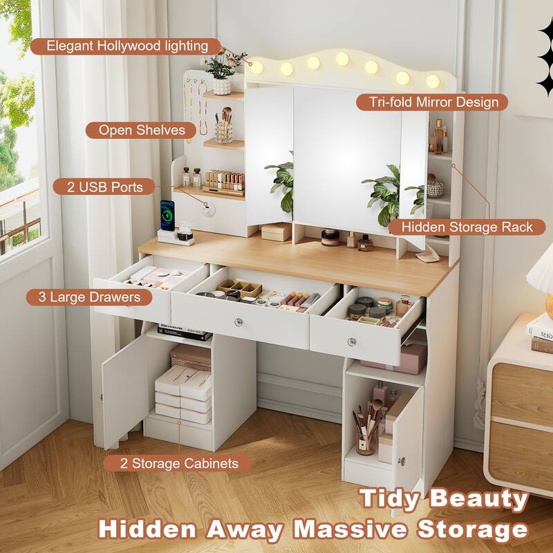 Makeup Vanity with Foldable Mirror & 3 Colors LED Lights, Vanity Desk with 2 USB Power Strip, 3 Drawers & 2 Cabinets