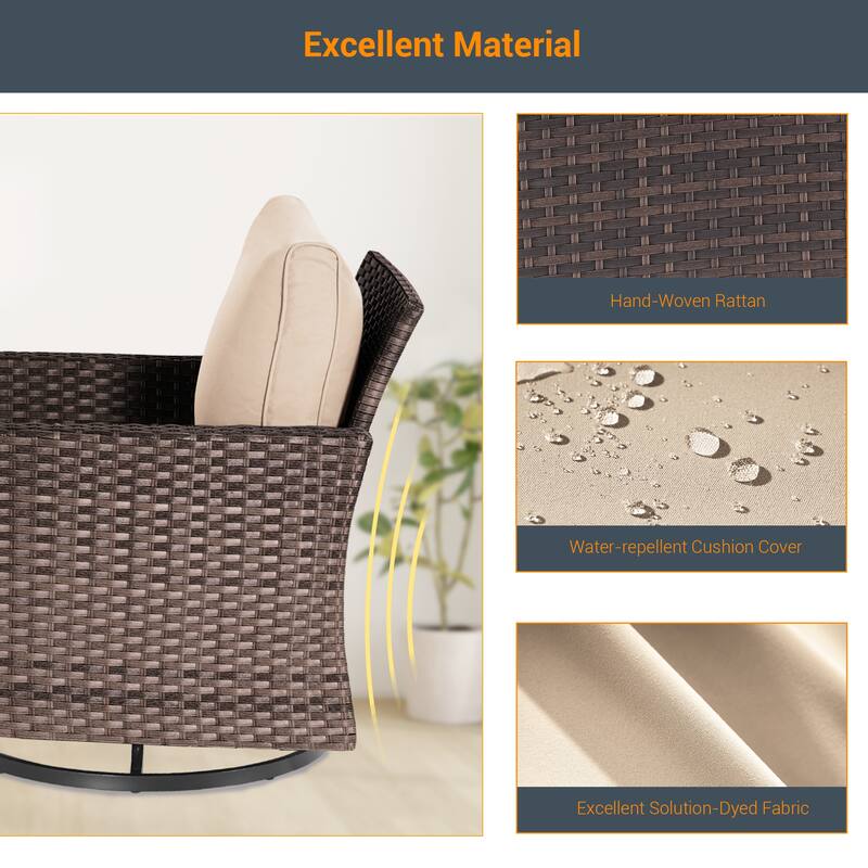 LIVOOSUN 3-Piece Patio Sofa Set Brown Rattan Swivel Rocking Chair Glass Table