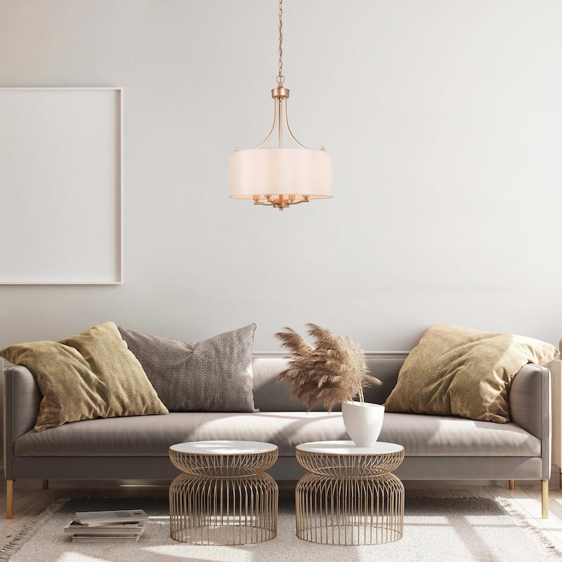Bella Modern Farmhouse Gold 4-Light Drum Chandelier with Fabric Shade for Dining Room Bedroom - D 16" x H 21.5"
