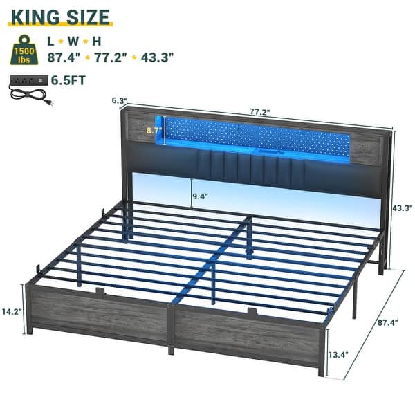 dimension image slide 6 of 9, Farmhouse Bed Frame with Holey Board, Upholstered Headboard Platform Bed with Charging Station