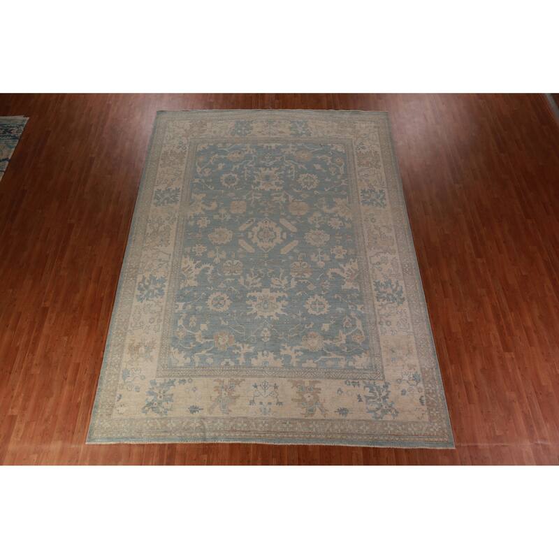 Floral Vegetable Dye Blue Oushak Turkishrug Hand-Knotted Wool Carpet - 9'7"x 13'3"