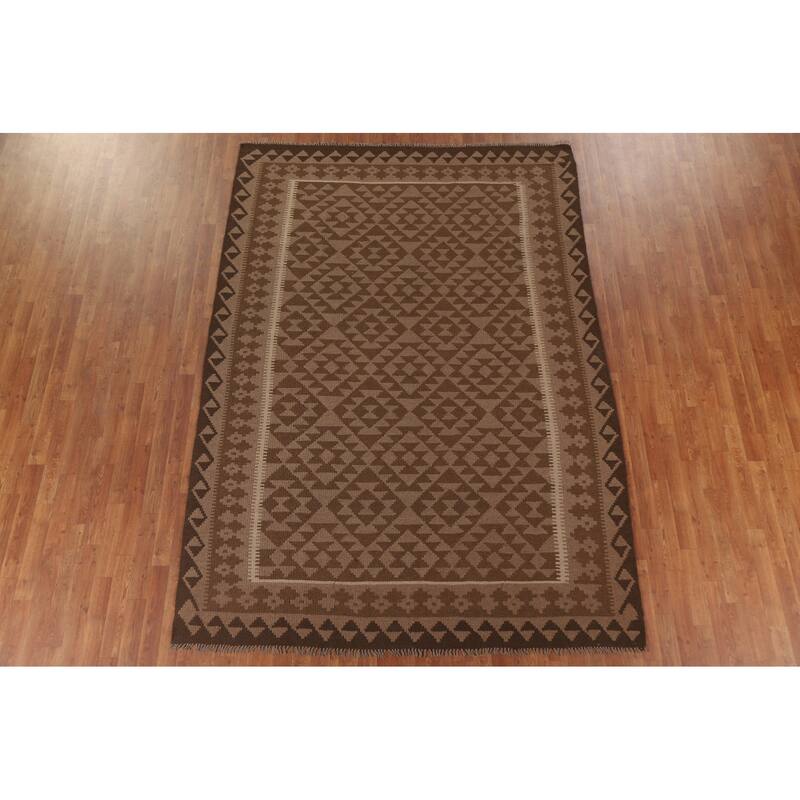 Hand Woven Oriental 100% Wool Carpet Southwestern Geometric Brown Kilim Area Rug - 9' 10'' X 6' 9''