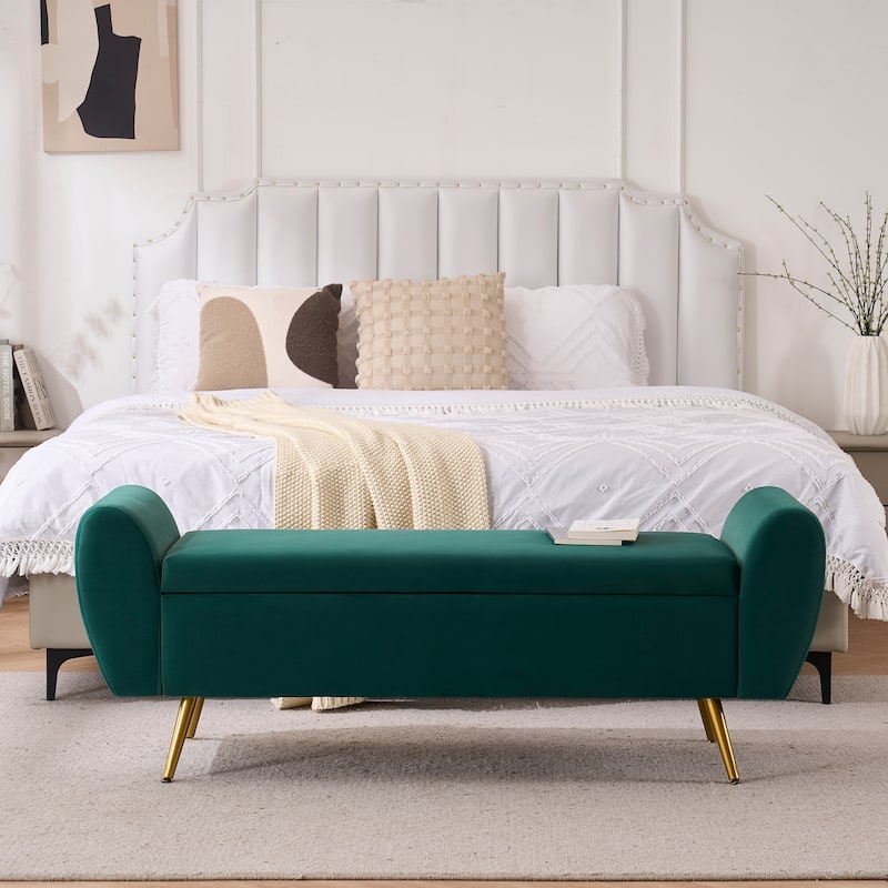 Upholstered 56"W Flip Top Storage Bench with arms - Velvet - Green