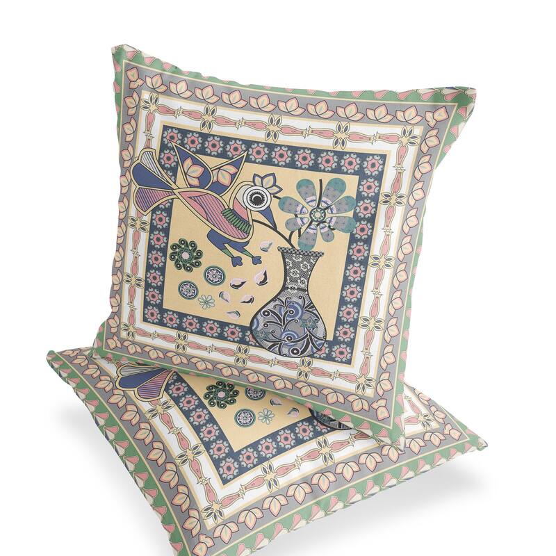 HomeRoots Set of Two 16" X 16" Beige and Pink Peacock Blown Seam Floral Indoor Outdoor Throw Pillows - 16.00' X '16.00' X '5.00