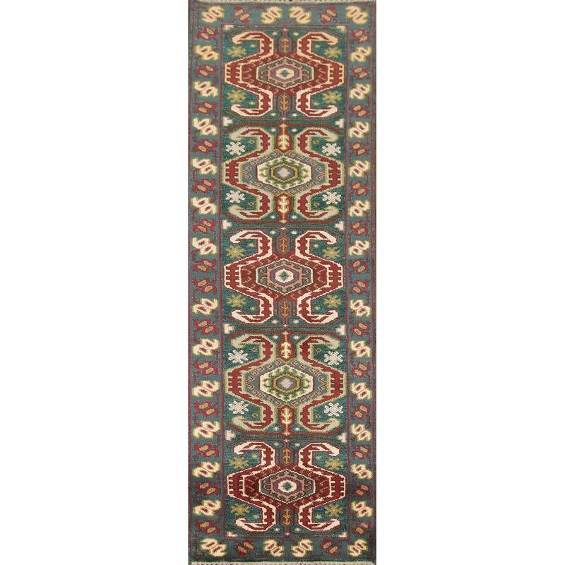 Green Geometric Kazak Indian Runner Rug Handmade Wool Carpet - 2'5"x 9'10"