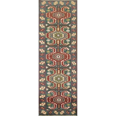 Green Geometric Kazak Indian Runner Rug Handmade Wool Carpet - 2'5"x 9'10"