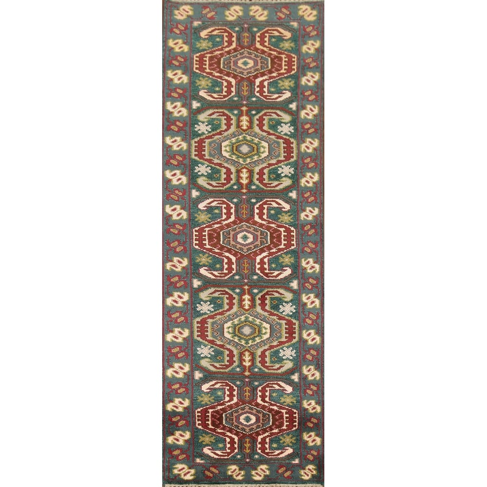 Green Geometric Kazak Indian Runner Rug Handmade Wool Carpet - 2'5"x 9'10"