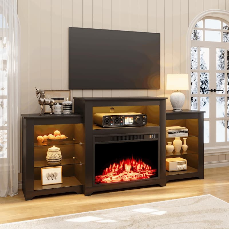 32" H Fireplace TV Stand, 55/70 Inch Media Console for TVs up to 80", Remote, Storage & LED Lights