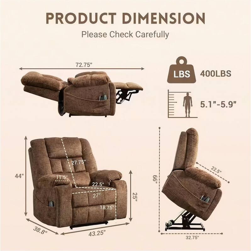 Flatship 4 Motors Power Lift Recliner,Adjustable Headrest Oversized Recliner Chair with Heat/Massage