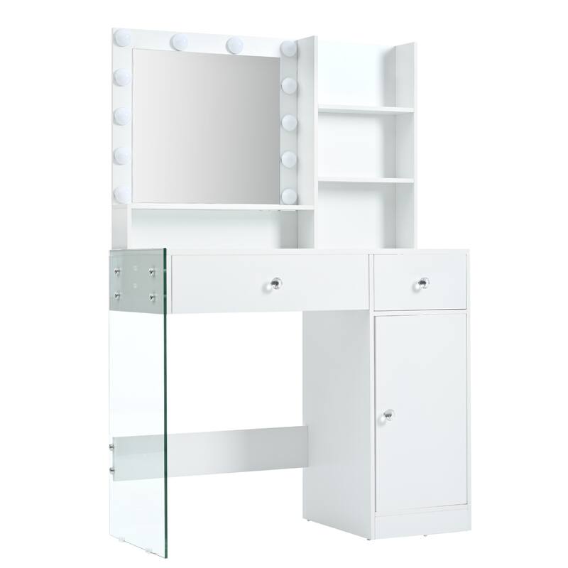 Vanity Desk with Mirror & Lights, Glass Top Dressing Table, Makeup Table with Charging Station, 2 Drawers & Cabinet