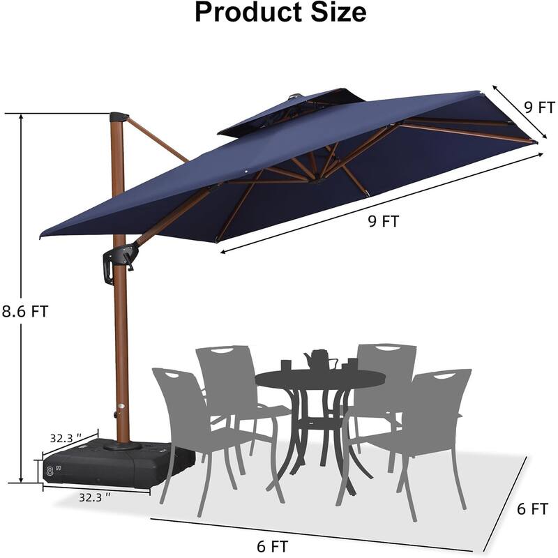PURPLE LEAF 9/10/11ft Square 09x12ft Rectangle Wood Pattern Patio Cantilever Umbrella with Base