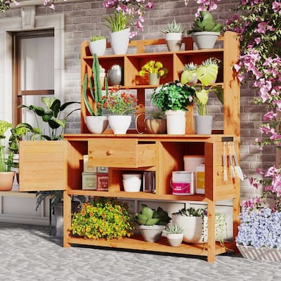 50.2'' Fir Wood Potting Bench with Hutch