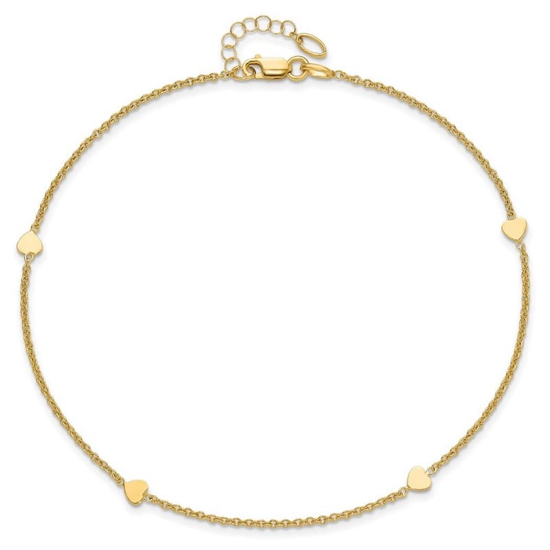 Curata 14k Yellow Gold 10+1" Flat Polished Heart Station Cable Chain Anklet (Spring-ring)