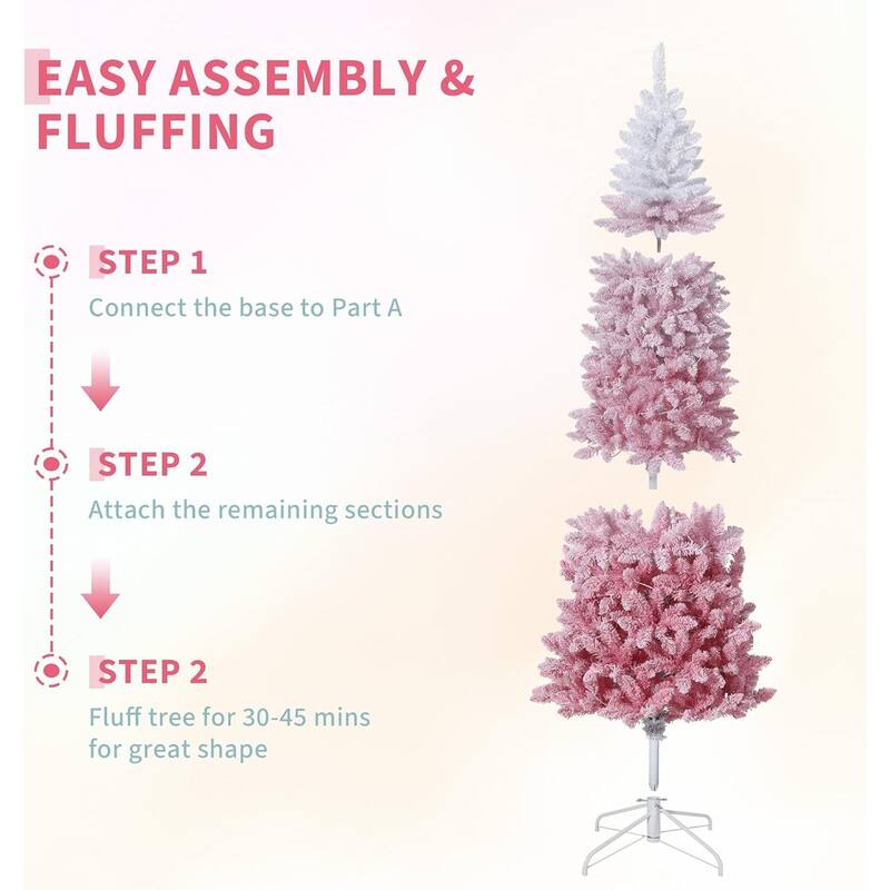 6FT Purple Gradient Pencil Christmas Tree – Prelit with 100 Dual Color LEDs, Snow Flocked, 320 Branch Tips,Metal Stand