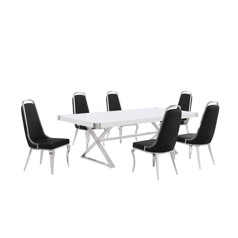 Best Quality Furniture D442/3-SC310-7 Dining Set with 94" White Lacquer Wood Top