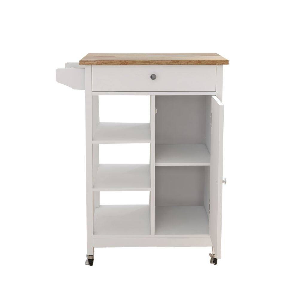 White Kitchen Cart with Towel Rack and Rubber Wood Table Top Bed Bath