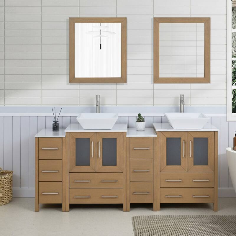 Vanity Art 72" Double Sink Bathroom Vanity Set with Engineered Marble Top and Free Mirror - 72 W X 18.5 D X 31.1 H - Natural Oak