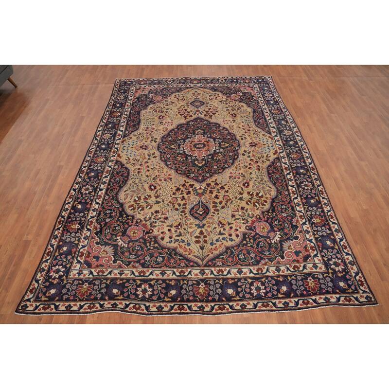 Hand Knotted Oriental 100% Wool Carpet Traditional Floral Brown Mashad Area Rug - 12' 5'' X 8' 8''