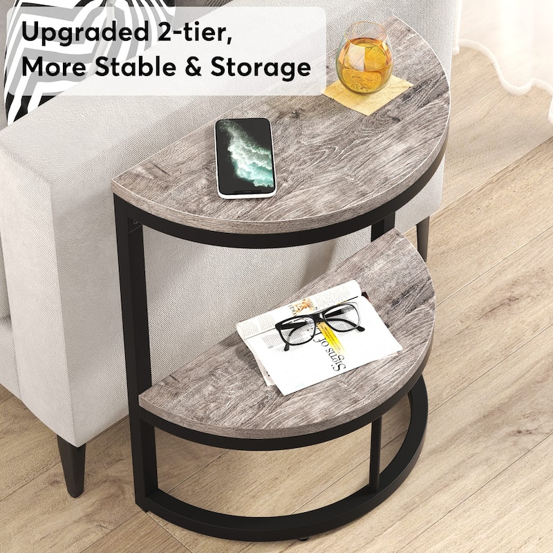 Half Round End Table with Storage, Small Wood Side Table for Living Room
