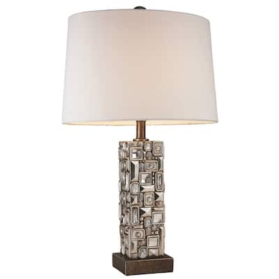Silver Polyresin Bedside Lamp with White Empire Shade 3 Way Switch - 17.5” x 12.5” x 28” (D x W x H)