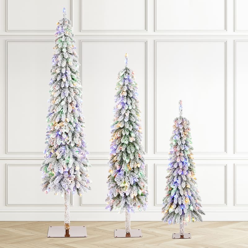 Glitzhome 4.5ft&6ft&7.5ft Pre-Lit Flocked Artificial Christmas Tree in Pot with Warm White LED Lights Porch Decor,Pack of 3