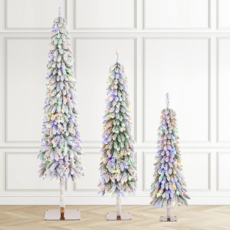 Glitzhome 4.5ft/6ft/7.5ft Pre-Lit Flocked Artificial Snowy Downswept Christmas Tree with Foot Pedal Control LED Lights - Set of 3-4.5ft&6ft&7.5ft