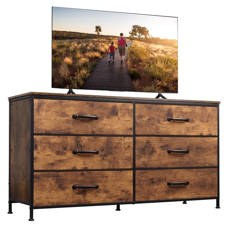 Wide Fabric Dresser - Rustic Brown Wood Grain Print - 6-drawer