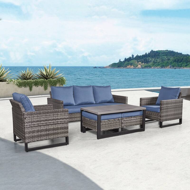 Gymojoy 6-Piece Outdoor Furniture Sofa Chair Table with Ottoman - Blue