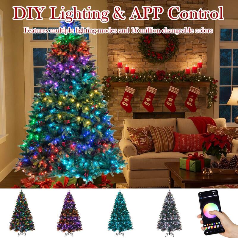 Costway 5/6/7/8 FT Artificial Christmas Tree with 250/370/500/650 RGB - Green - See Details