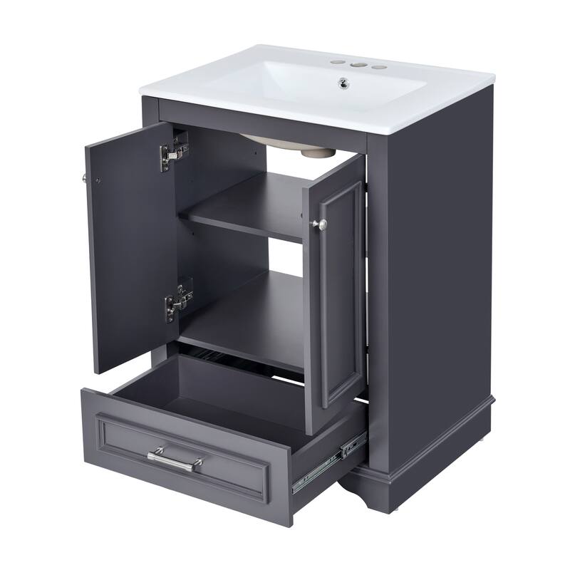 GDFStudio - Halcyon Modern Freestanding Bathroom Vanity with Ceramic Sink and Soft-Closing Storage Doors & Silver Handles