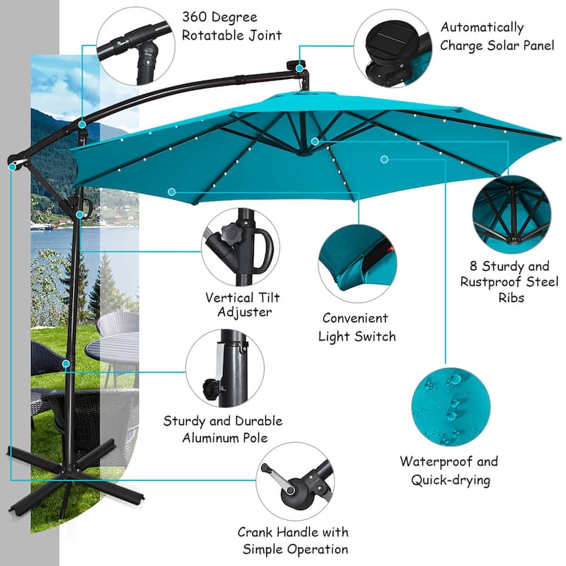 Costway 10FT Patio Offset Umbrella Solar Powered LED 360degrees