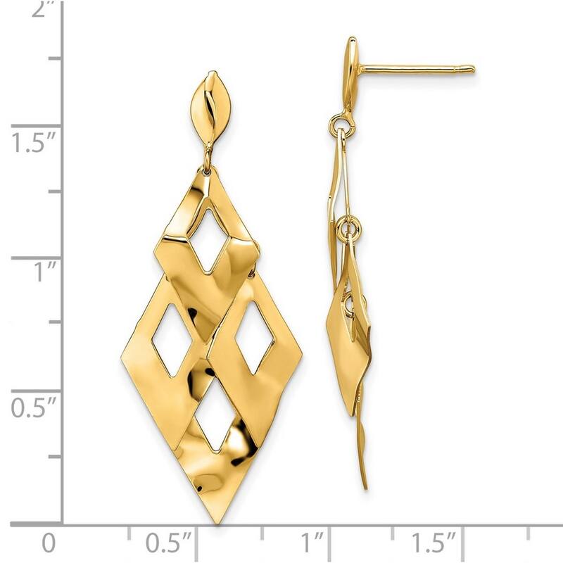 Curata 14k Yellow Gold Brushed Diamond-shaped Chandelier Post Dangle Earrings 43.75mm long