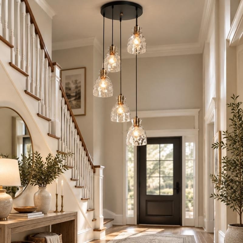 Elisie Modern Glam Cluster Chandelier 5-Light Water Hammered Glass Adjustable Foyer Pendant Light - D 19.7" x H 67.2"