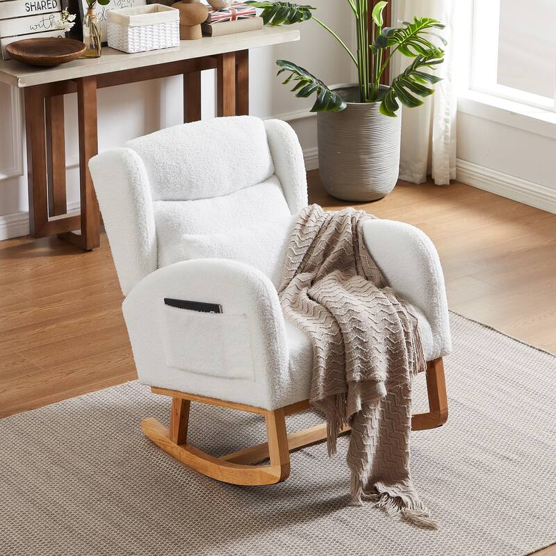 Modern Accent Rocking Chair with Pillow, High Backrest Arm Chair Accent Chair Glider Lounger with 2 Side Pockets for Living Room