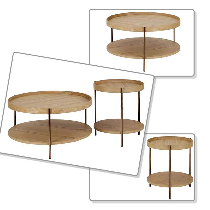 Classic Vintage 2 Piece Wooden Coffee Table Set with Metal Legs