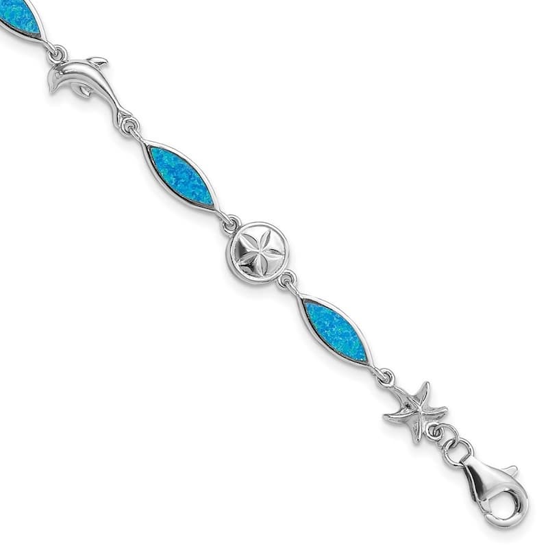 Curata 20mm 925 Sterling Silver Rhodium Plated Blue Inlay Simulated Opal Sea Life Bracelet 7 Inch