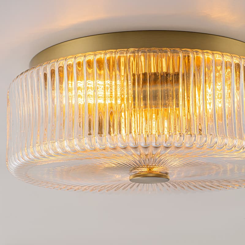 Mid-Century Modern Gold 3-Light Ribbed Glass Drum Flush Mount Ceiling Light