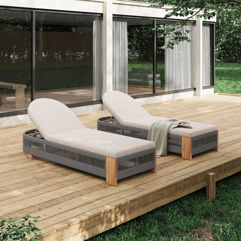 Christopher Knight Home - Alexander Acacia Wood Outdoor Adjustable Chaise Lounge With Cushion - Teak Look Wood + Grey Rope + 2 Piece