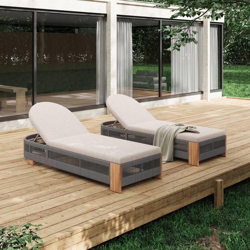 Roomfitters Outdoor Acacia Wood Chaise Lounge with Adjustable Backrest and Braided Rope Weave, Teak Finish