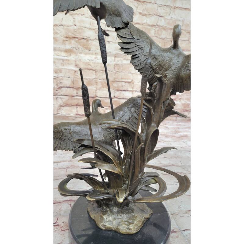 Flying Ducks In The Reeds Bronze Sculpture Statue Wildlife Decor On Marble Base
