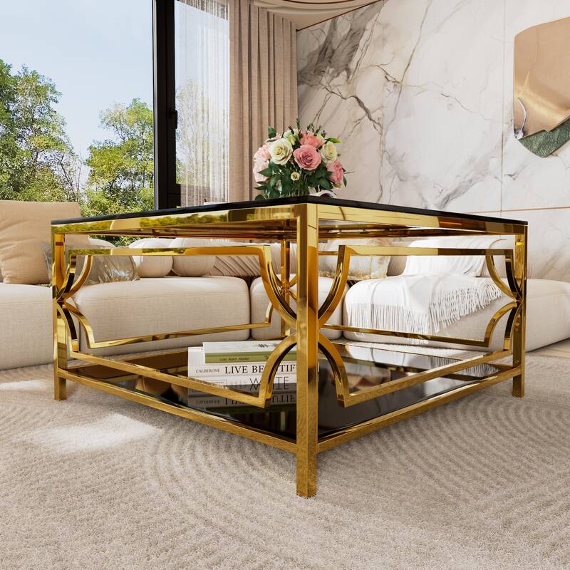 Luxe Square Glass Coffee Table with Geometric Gold Frame & Lower Display Shelf by Harper&Bright Designs