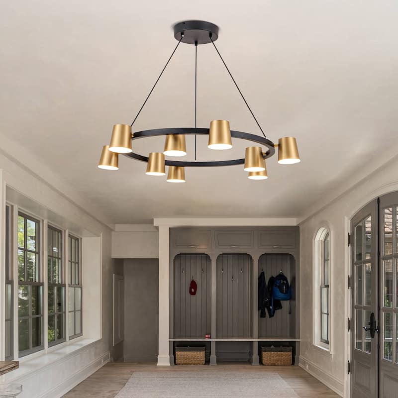 9-Light Wagon Wheel Chandelier Black and Gold Chandelier - N/A
