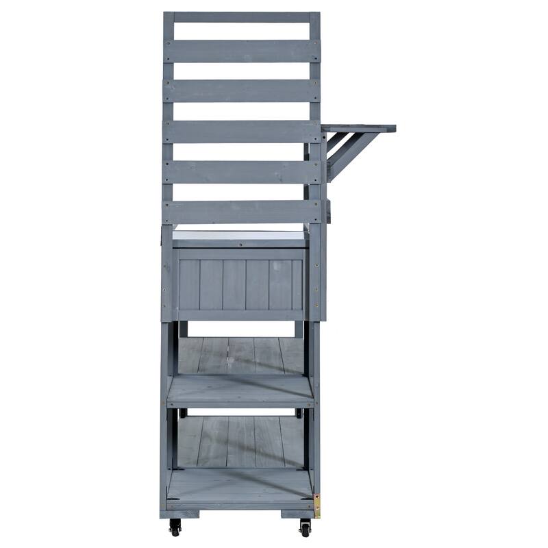 Solid Wood 62.3'' Patio Kitchen Island Kitchen Cart with Stainless Table Top, Garden Potting Bench with Raised Shelf and Drawers