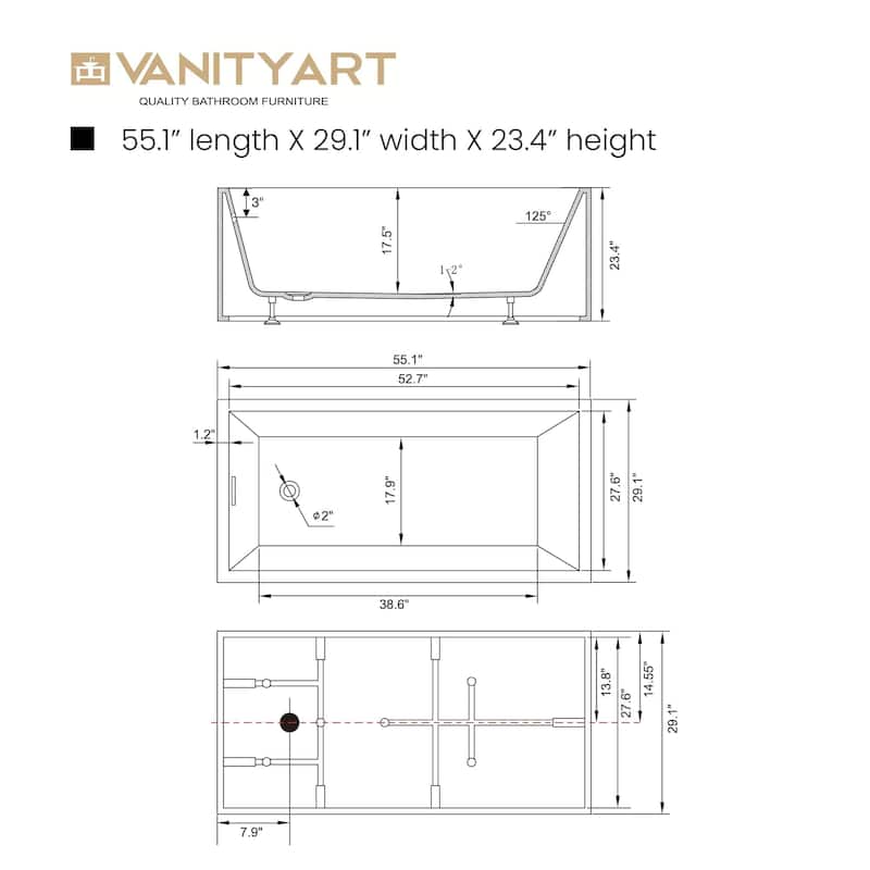 Vanity Art 55" x 29" White Acrylic Flatbottom Freestanding Bathtub